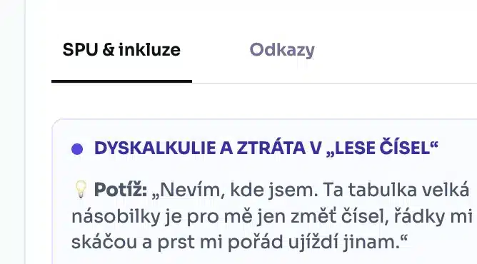 Záložka SPU a inkluze v lekci s boxem Potíž u dyskalkulie